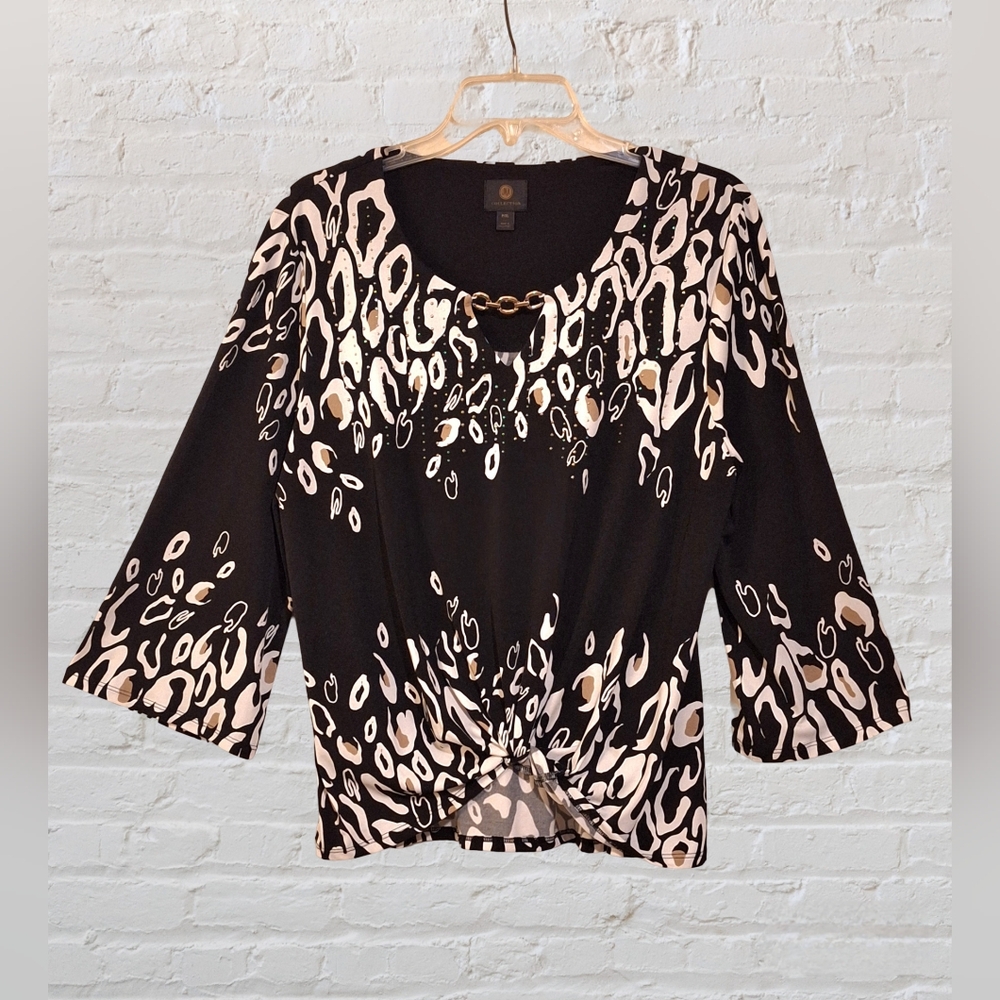 JM Collection black, tan & white teardrop swirl top, gold beads shirt Sz. PXL